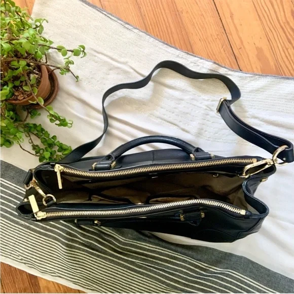 Tory Burch Robinson Double Zipper Black Leather Tote Bag Top Handle & Strap - Picture 10 of 11